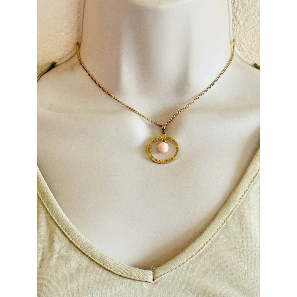 VTG Coral Necklace Pink Angel Skin Genuine Natural Gemstone 14k Gold‎ GP Italy
